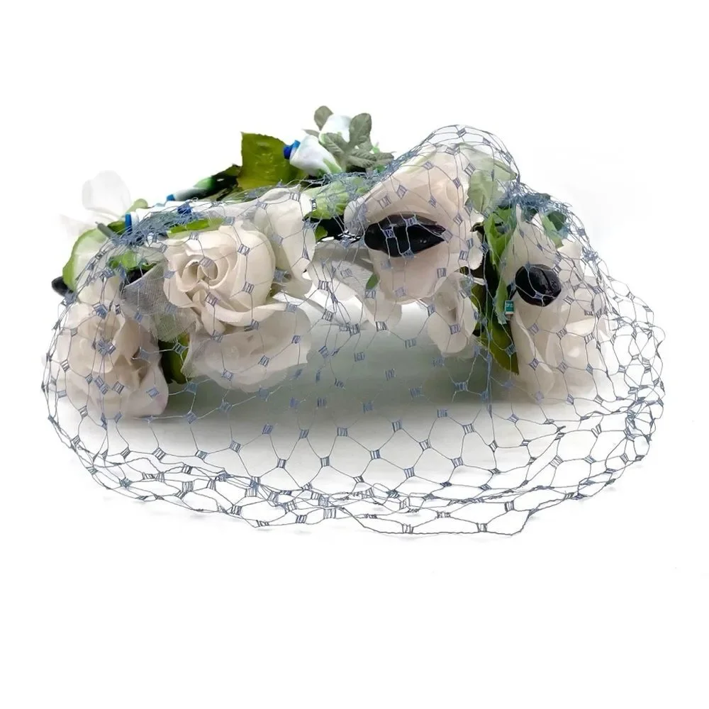 Vintage 1950s Le Cavalier Floral Hat w/ Veil White Roses Blue Accents Netting - Picture 10 of 15